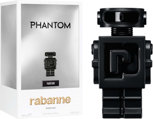 Ein Parfüfflasche mit einer roboterähnlichen Figur neben ihrer Verpackung, die mit 'Phantom' und 'Rabanne' beschriftet ist.