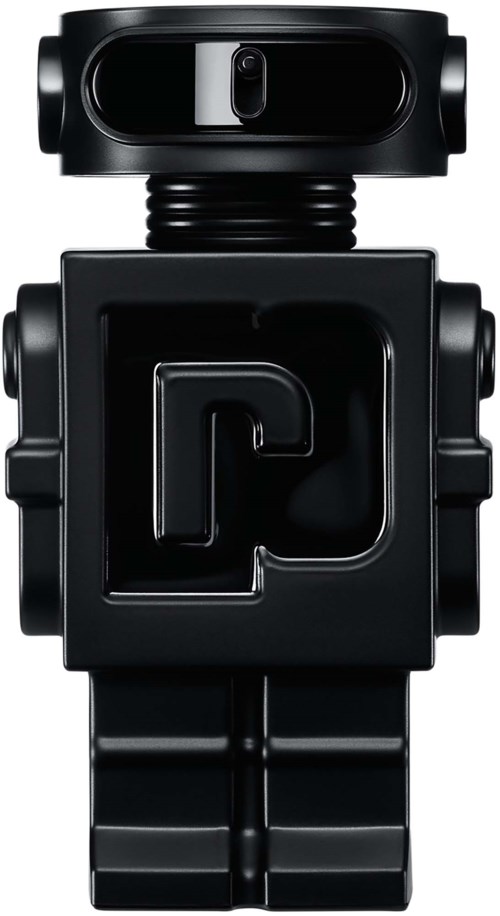 Ein schwarzes Roboterspielzeug mit rechteckigem Körper, rechteckigen Füßen und einem Kopf mit Kamera. Es hat ein einfaches, blockiges Design.