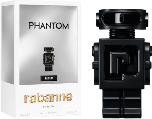Ein Parfümverpackung mit der Aufschrift 'Phantom', mit einer Roboterfigur darauf, und eine schwarze Roboterparfümflasche daneben.