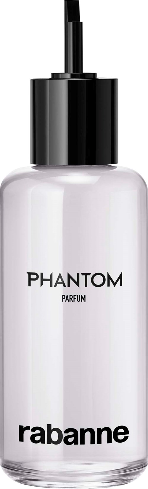 Eine weiße Parfümflasche mit schwarzem Deckel und Sprühkopf, bezeichnet 'PHANTOM PARFUM' und 'rabanne.'