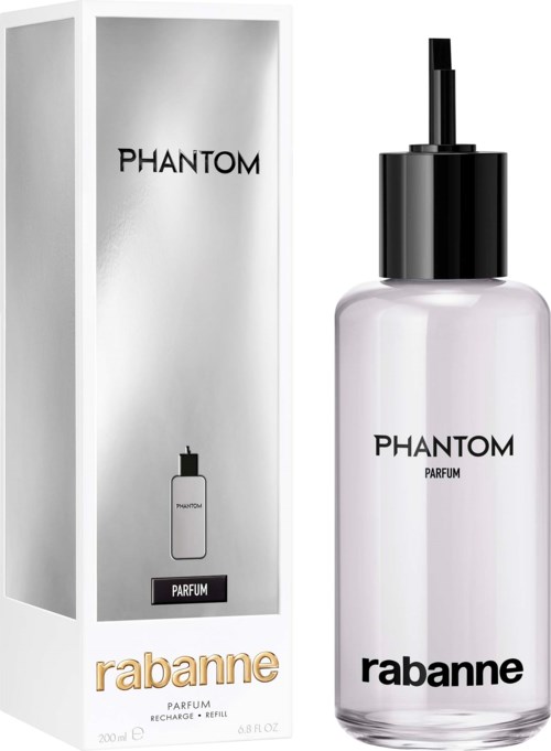Ein Parfümflasche mit der Aufschrift 'Phantom' neben einer Schachtel mit dem gleichen Namen. Die Schachtel hat ein schlichtes Design.