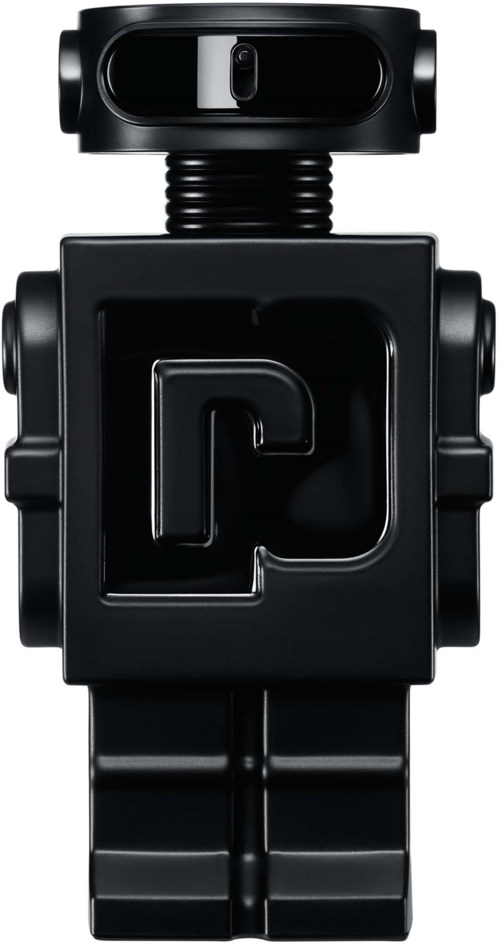 Ein schwarzes Roboter-ähnliches Spielzeug mit rechteckigem Körper, rundem Kopf und geraden Beinen, mit Logo auf der Brust.