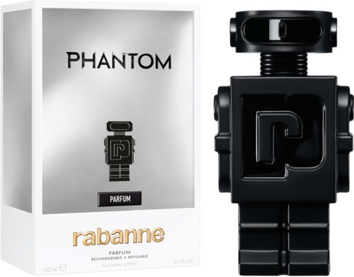 Eine robotartige Parfümflasche neben einer weißen Schachtel mit der Beschriftung 'PHANTOM RABANNE PARFUM'.