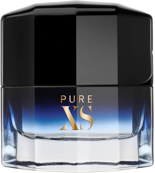Ein Parfümflasche mit 'Pure XS' Beschriftung, schwarzem Deckel und blauer Gradientgestaltung.