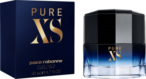 Ein Parfümflasche und eine Box mit 'Pure XS' von Paco Rabanne, schwarz und blau, elegantes Design.