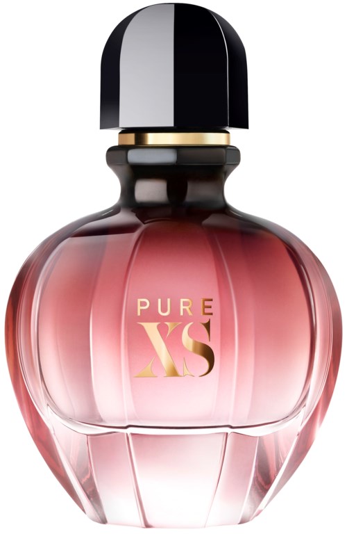En parfyllvering med rosa vätska, svart och vit kapsel, och "PURE XS" skrivet i guld.
