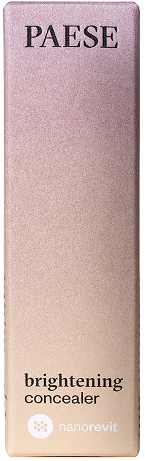A tall, slim box with a gradient pink to beige color. It has text: "PAESE," "brightening concealer," and "nanorevit."