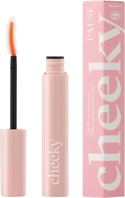 Pink mascara tube, wand, and pink box with large white text about cheeky beauty.