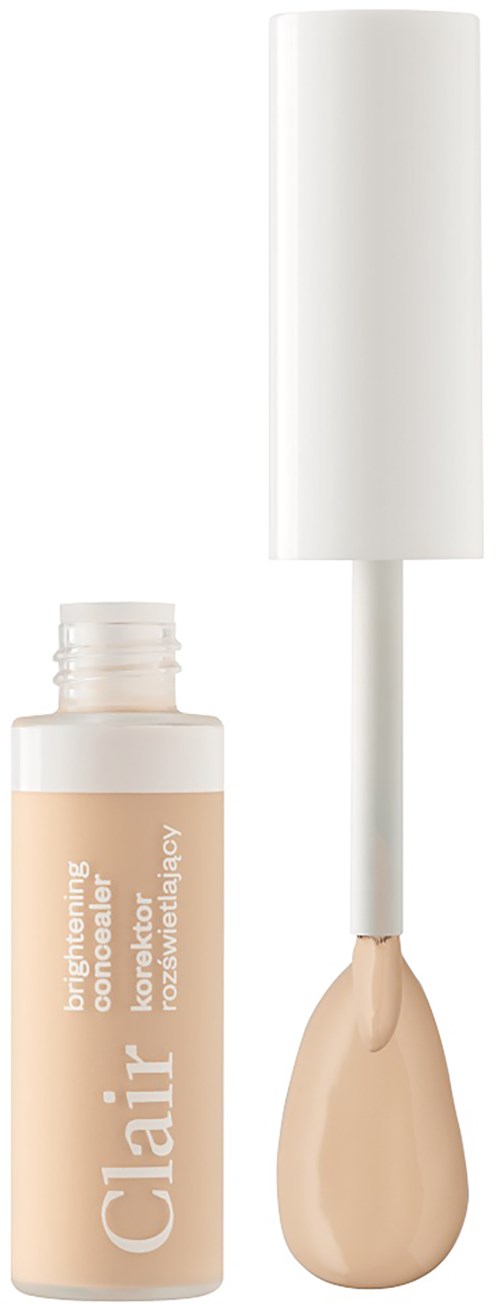 En beige mascara-rör med vit kork och borste. Röret har vitt text.