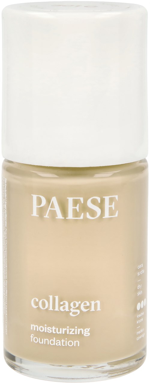 A small bottle of PAESE collagen moisturizing foundation with a white cap and beige liquid inside.
