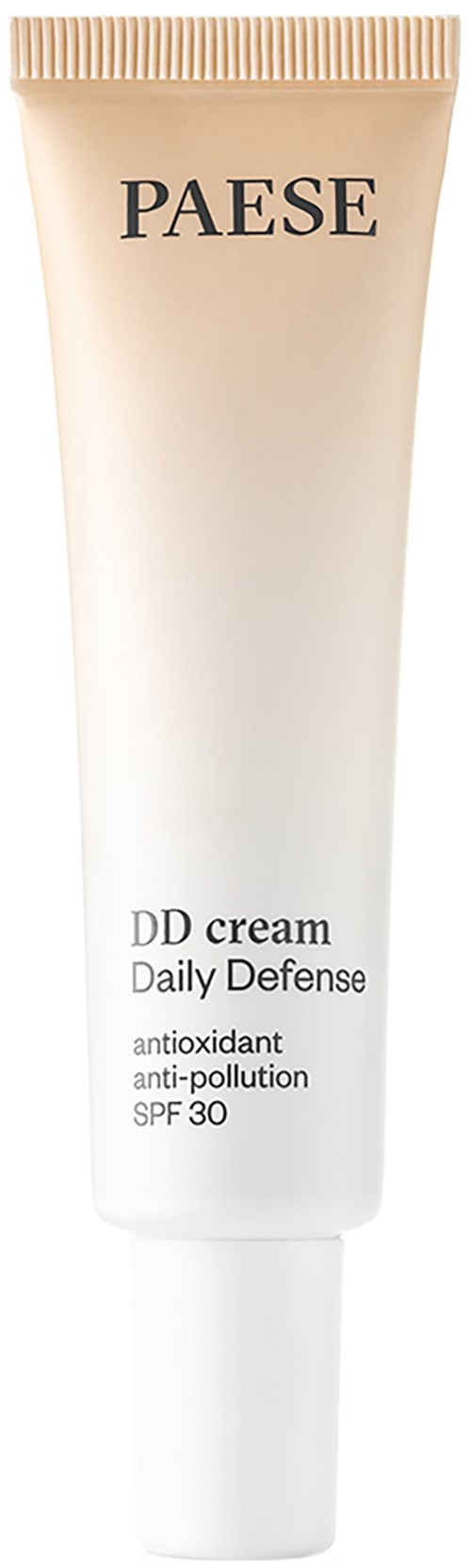 A tall, white tube with beige top, labeled 'PAESE DD cream Daily Defense SPF 30' for skin protection.