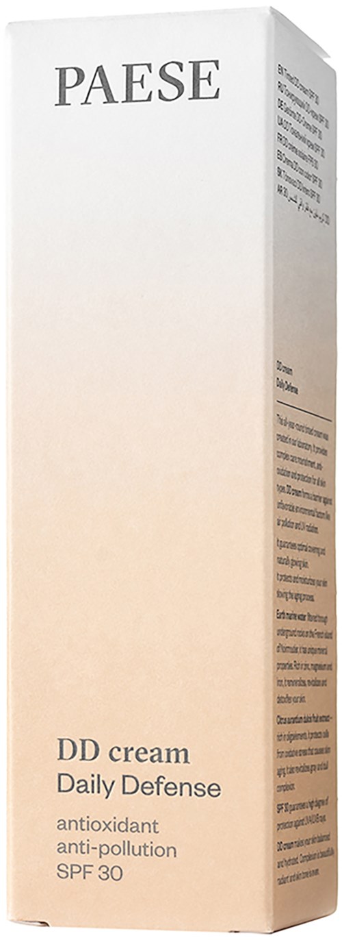 A tall, white box labeled "PAESE" with details about DD cream, SPF 30, and antioxidant properties.