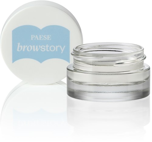 A small clear jar with a lid, labeled 'Paese browstory,' is shown, used for makeup or skincare. The lid is open.
