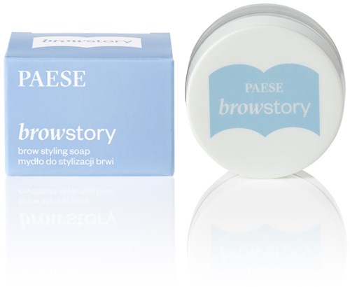 A blue box and a round container for brow styling soap, both labeled "Paese browstory."