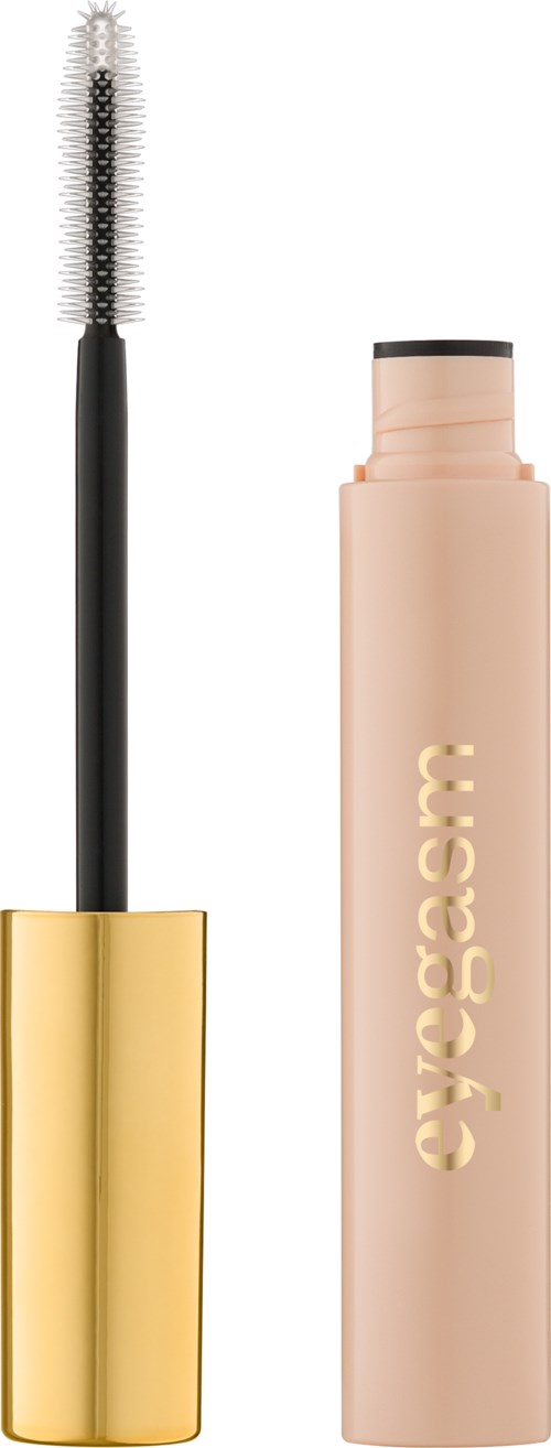 A mascara tube with its wand extended, featuring a dark handle and gold cap, and a pink container with gold writing.