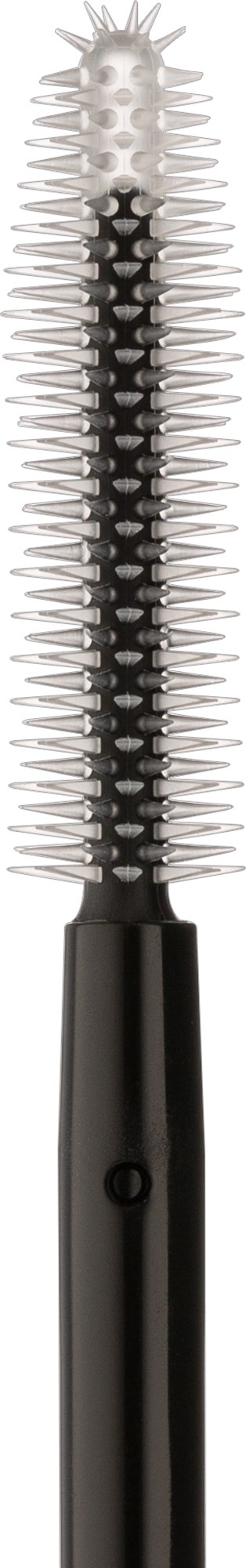 A black handle brush with a long, rounded, spiky white bristle head.