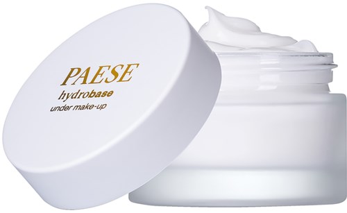 En vit burk med lock, innehåller kräm med lite på toppen, märkt 'PAESE hydrobase under make-up' i guldtext.