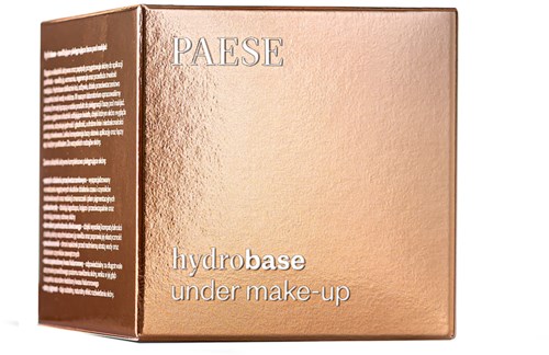 Ett roséguldigt box med texten 'PaeSe hydrobase under make-up' och sidtext. Det är en förpackning för makeup.