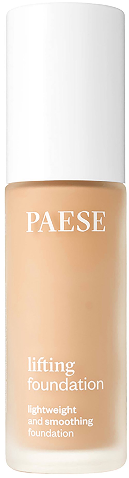A bottle of Paese lifting foundation with white cap and beige liquid inside.