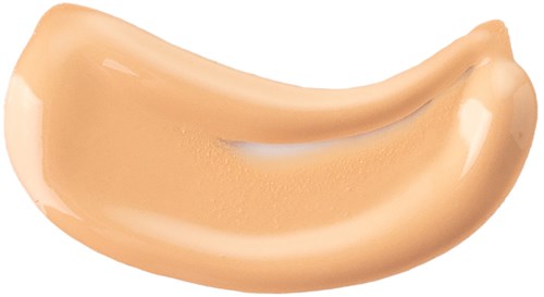 A beige, curved foundation swatch with smooth texture and shiny finish.