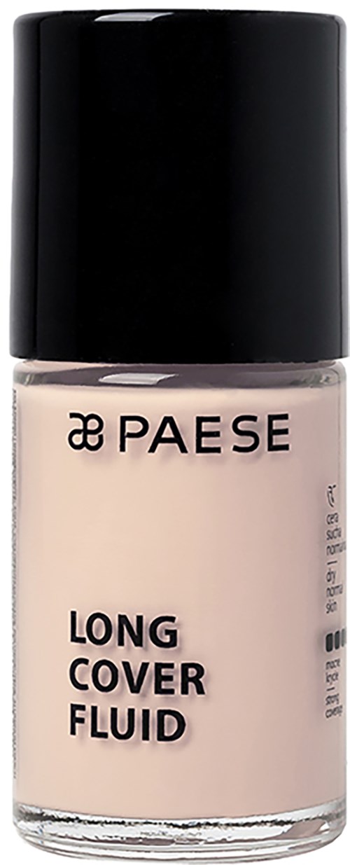 A small bottle of beige long cover fluid with black cap and minimal text from Paese brand.