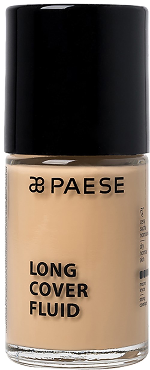 A bottle of PAESE Long Cover Fluid, a beige liquid product with a black cap.