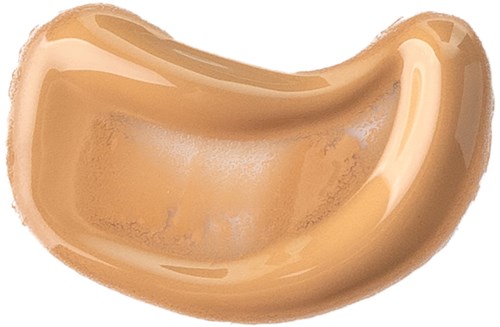 A single, curved beige liquid makeup shape with shiny and matte areas on a white background.