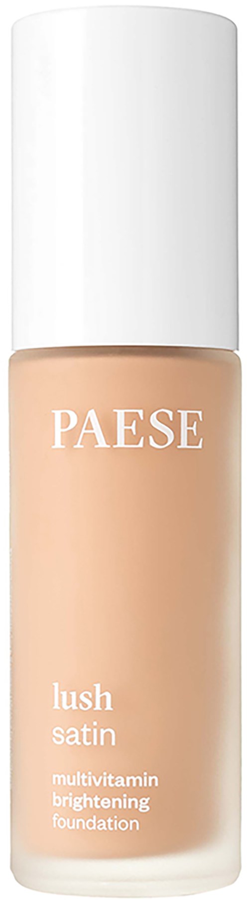A beige foundation bottle with a white cap, labeled 'PAESE lush satin'. It is a brightening foundation for skin.