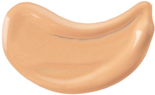 A beige, curved makeup sponge with a smooth, shiny surface.