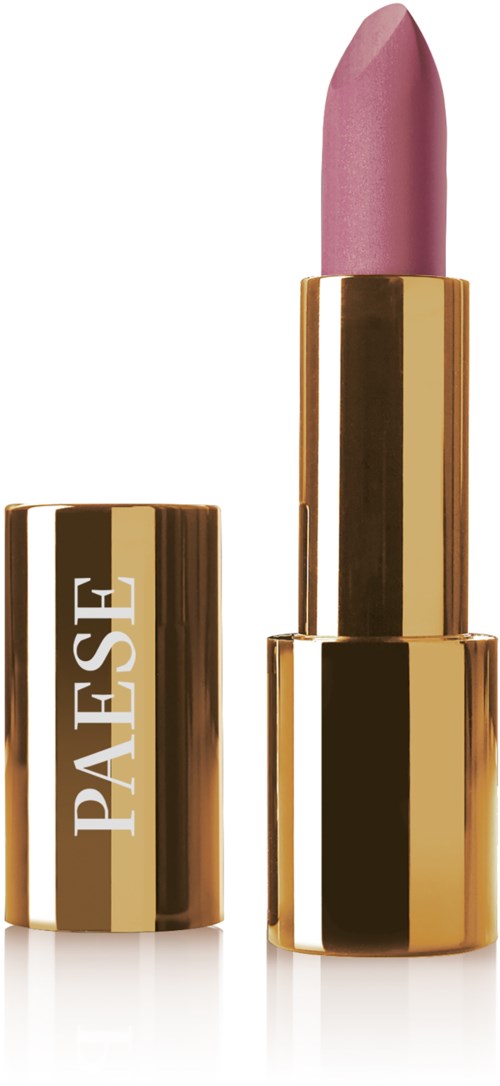 A pink lipstick with a gold case, standing upright, with the cap beside it. The case has the word "PAESE" on it.