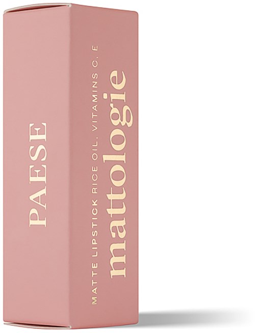 A pink rectangular box for matte lipstick named "PAISE" with ingredients listed on the side.