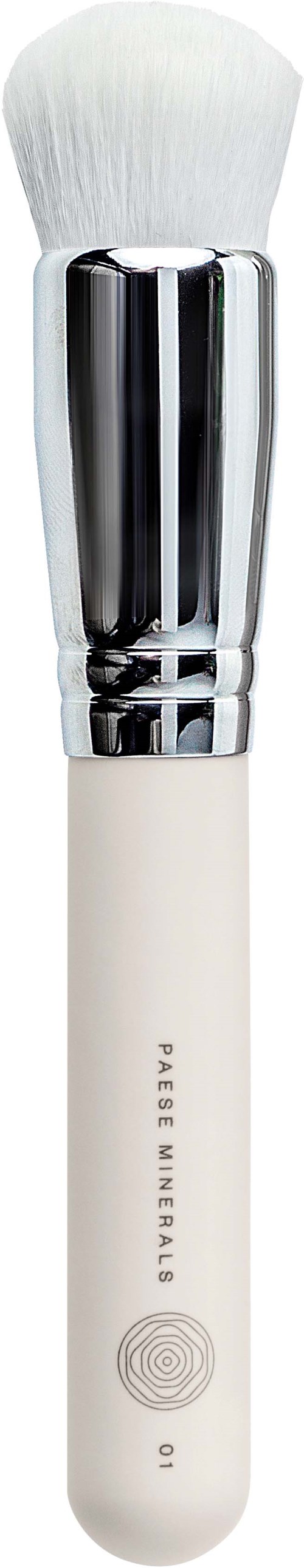 A white and silver makeup brush with a round base and soft bristles.