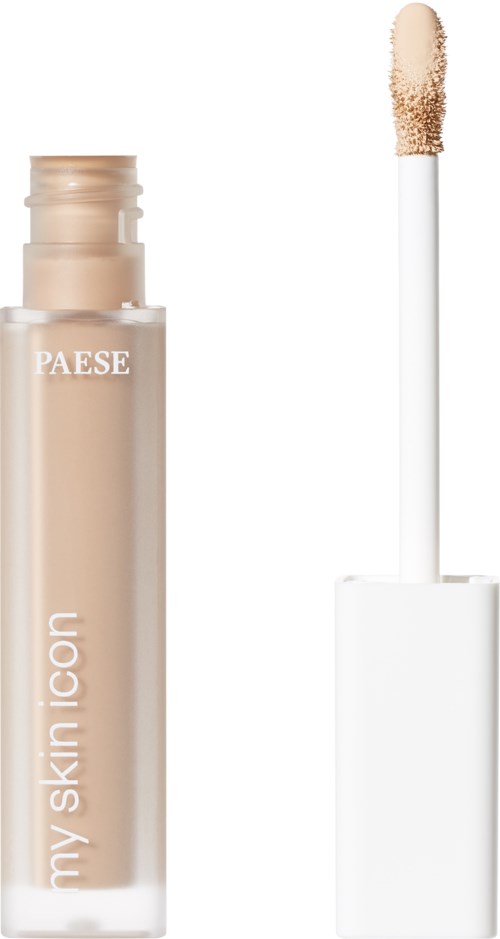 A beige liquid concealer with a wand applicator and white cap.