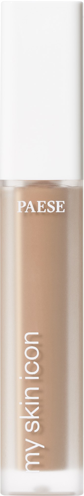 A clear bottle with beige liquid, labeled "my skin ICON" and brand "PAESE" on top.