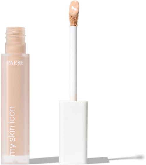En beige flytande concealer-sticka med öppen lock och en vit applikator.