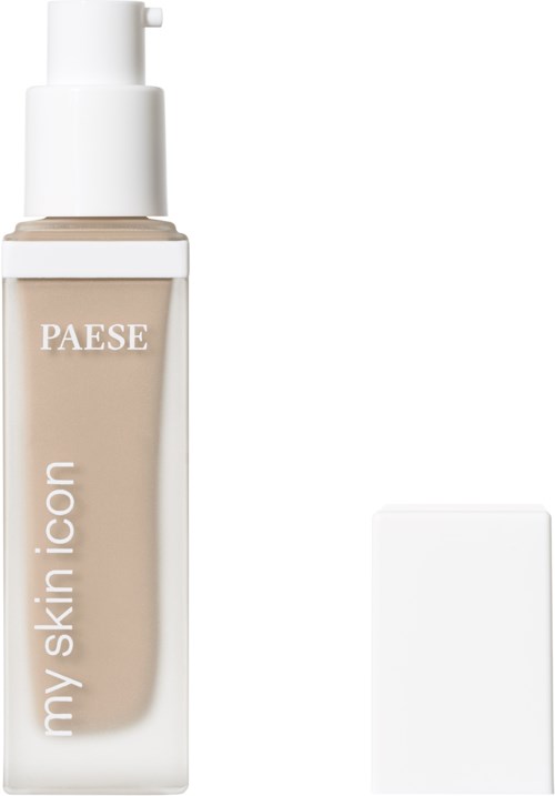 En hudvårdsprodukt i en vit flaska med pump, märkt 'my skin icon' och 'PAESE'.