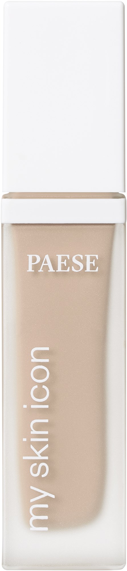 A tube of PAESE foundation with white cap and clear body showing label. It is part of 'my skin icon' line.