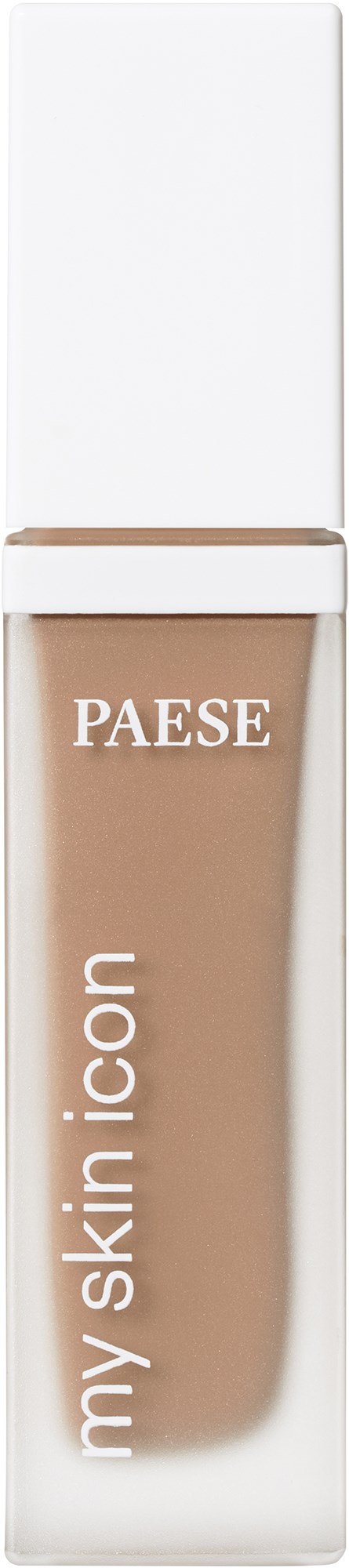 En beige flytande foundationflaska med vit lock och vit band. Etiketten säger "PAESE my skin icon".