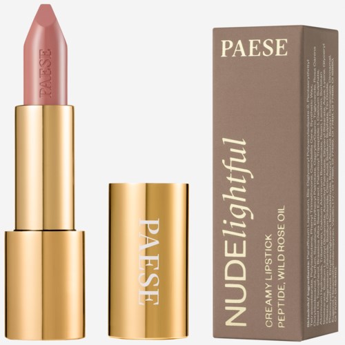 En läppstift i rosa nyans i ett guldfodral och en förpackning märkt "NUDE** lightful" för en läppprodukt.