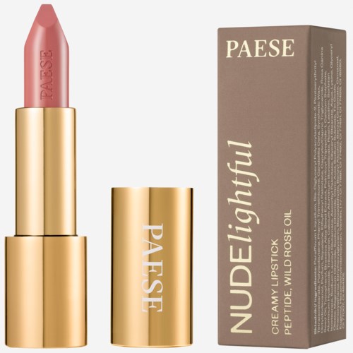Ett rosa läppstift i ett guldhölje, med lock av, och en box märkt "NUDE Delightful" med vildrosolja.