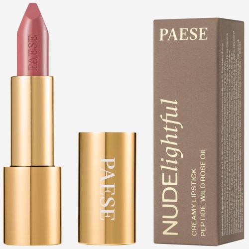 Läppstift i en rosa nyans, i ett guldhölje, med förpackning märkt 'Nude and Delightful' och 'Peptide Wild Rose Oil.'