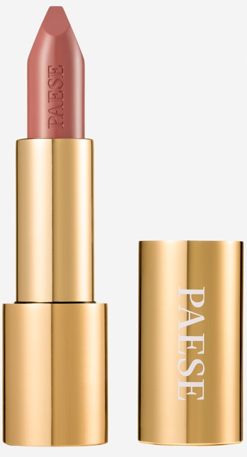 En läppstift med en rosa-beige nyans i ett guldhölje, med varumärket 'PASEE' på.