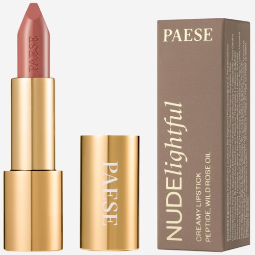 En läppstift i rosa nyans i ett guldhölje bredvid en brun förpackning märkt 'NUDElightful' och 'PAESE'.