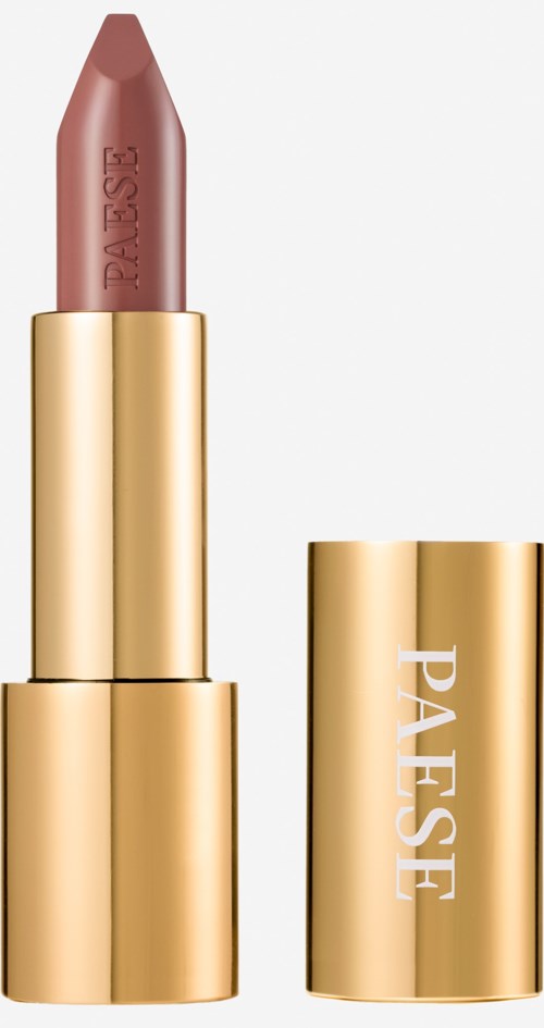 A lipstick in a gold case with 'PASTEL' text, showing the lipstick open with a pink shade.