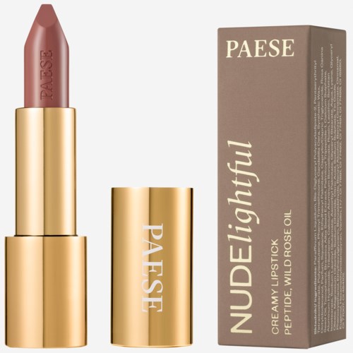 A lipstick with a pinkish shade in a gold case and a matching box labeled "NUDElightful" for wild rose oil.