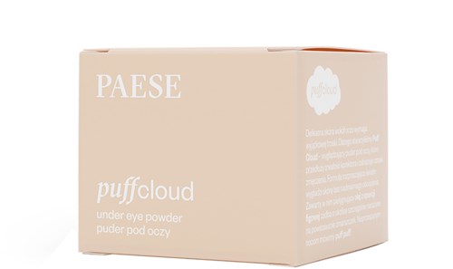 En beige låda med vitt text, visar ett varumärke PAES och en produkt som heter puffcloud under ögonpuder.