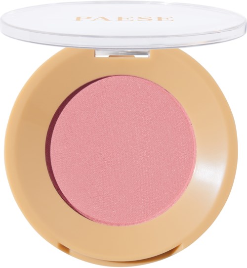 En rund makeuprouge i ett beige fodral med ett tydligt plastlock, rosa i färgen.