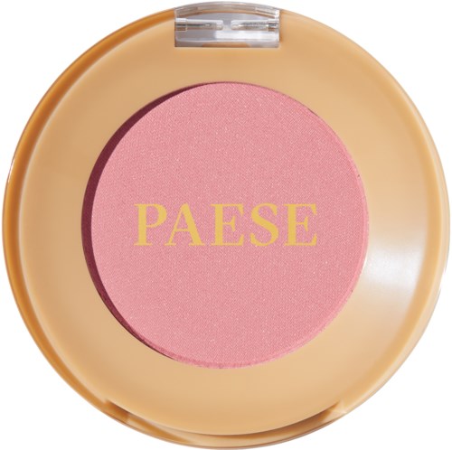 Ett runt sminkrougekompakt med ett persikofärgat skal och rosa rouge inuti, märkt 'PAESE' i gult.