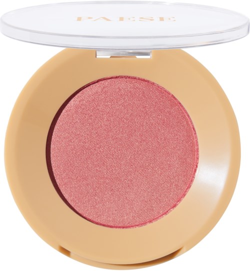 A makeup blush compact with a beige round casing and a pinkish-red powder inside.