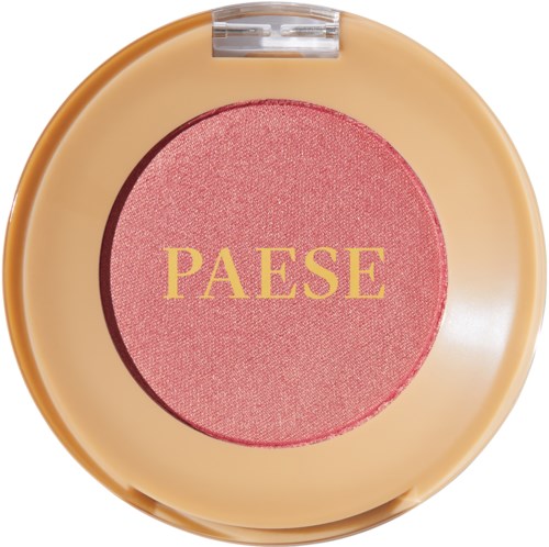 Pink blush with the word "PAESE" in yellow letters on it, in a beige compact case.